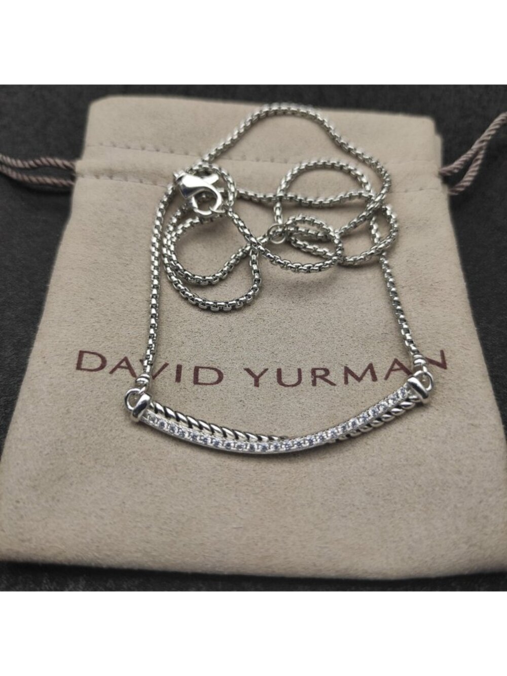 David Yurman Silver Pave Diamond Cable Smile Necklace with Original Pouch